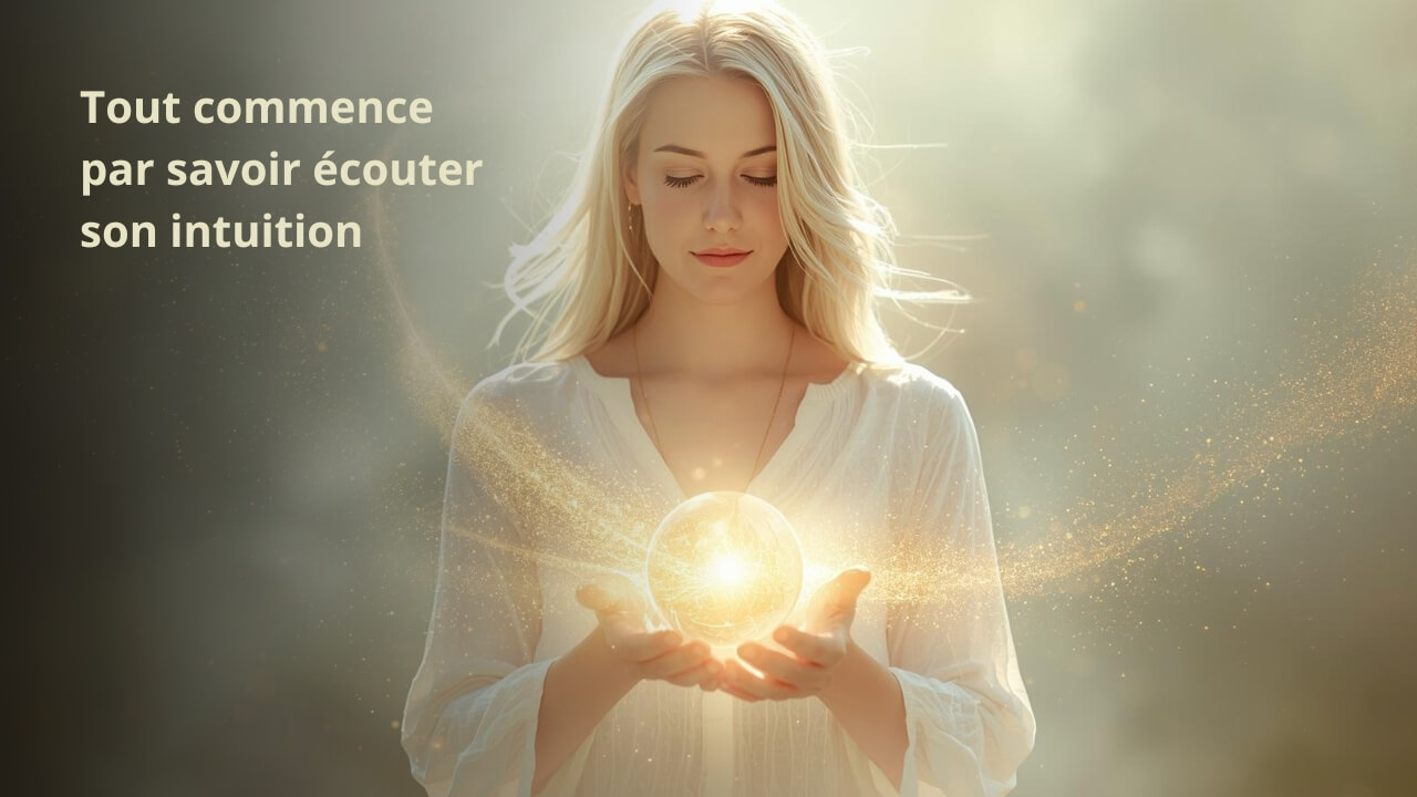Femme tenant une sphère lumineuse, représentant l’écoute de son intuition.