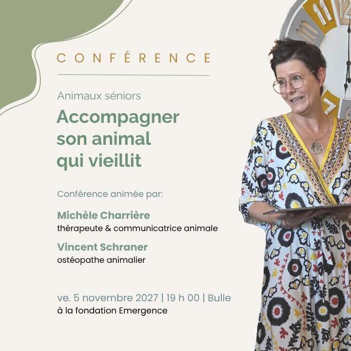 Affiche de la conférence: accompagner les animaux séniors
